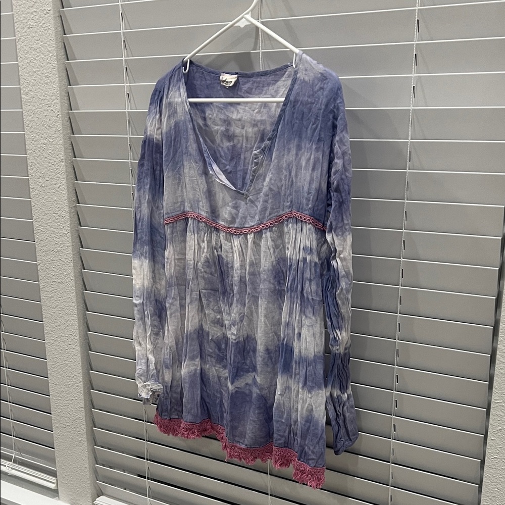 Blue and White Tie-Dye Tunic with Pink Trim